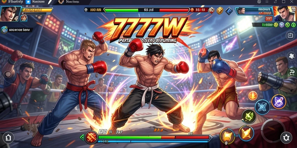 Screenshot gameplay 7777W menampilkan pertarungan seru antar karakter.