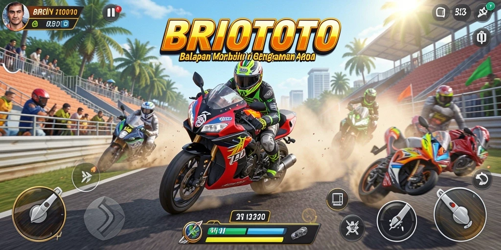 Tangkapan layar gameplay seru dari BRIOTOTO dengan aksi balapan motor.