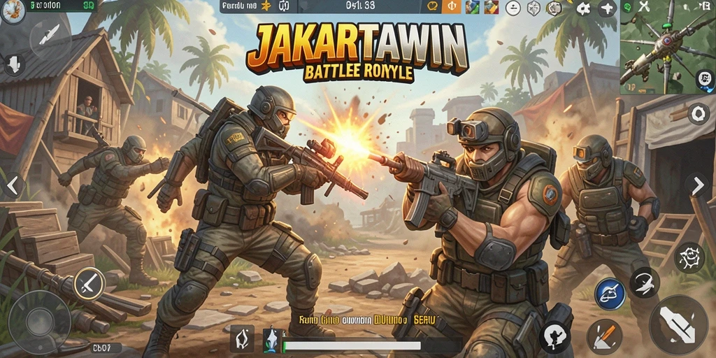 Tangkapan layar JAKARTAWIN menampilkan adegan pertempuran yang mendebarkan dalam suasana Battle Royale.