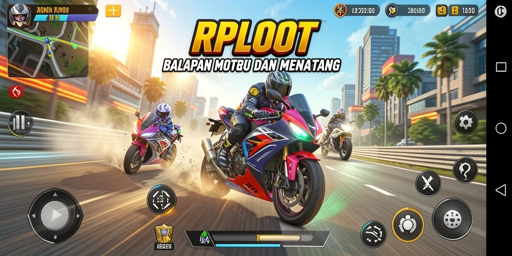 Screenshot gameplay RPLOOT menampilkan balapan motor yang mendebarkan di lintasan menantang.
