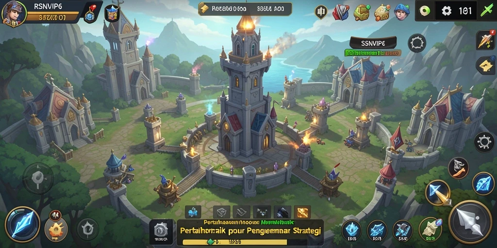 Screenshot gameplay RSNVIP6 menampilkan menara dan musuh yang sedang bertempur.